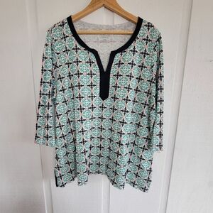 Talbots Petites Cotton Modal Geo Patterned Mandarin Blouse sz 2XP Orange Blue